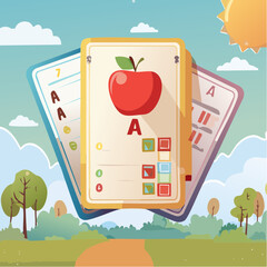 Flat educational vector flashcards with alphabet letters and matching cute illustrations (A)