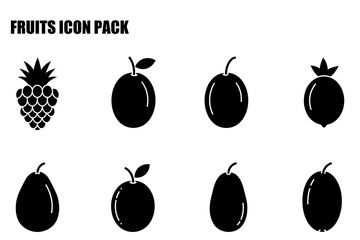 Fruit icons in silhouette. Various fruits with stems, leaves, and details.