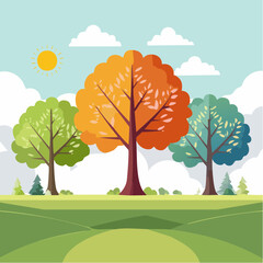 Flat vector illustrations of the same tree in 4 seasons- spring, summer, autumn, winter, 