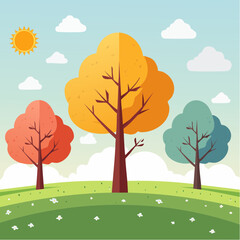 Flat vector illustrations of the same tree in 4 seasons- spring, summer, autumn, winter, 