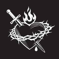 heart, crown of thorns, sword and flame isolated on black background