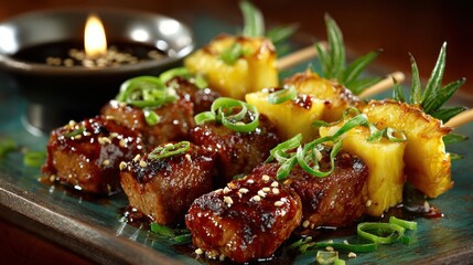 Grilled teriyaki beef and pineapple skewers garnished with green onions
