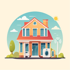 Vector flat icons of smart home tech- thermostat, smart speaker, security camera, smart light
