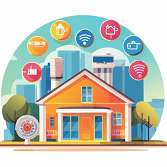 Vector flat icons of smart home tech- thermostat, smart speaker, security camera, smart light