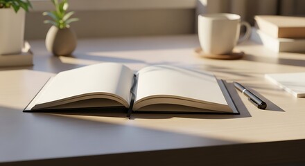 Fototapeta premium Open Notebook on Desk with Pen and Cup of Coffee in Sunlight