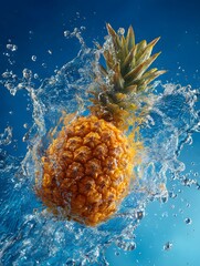 Pineapple Splashing in Water Against a Blue Background