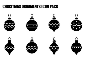 Christmas ornament icons in various shapes and decorative patterns. Simple black and white designs for use in Christmas themed projects, presentations, and websites.