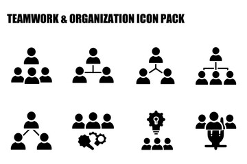 Teamwork & organizational icons in black and white, showcasing various team structures and collaborations.