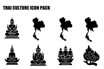 Thai culture icons in silhouette style showing various religious figures and geographical representations.