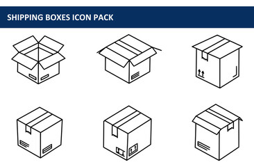 Shipping boxes icon pack showcasing various open and closed cardboard boxes with shipping labels. Simple, graphic illustrations for packaging, logistics, and e-commerce websites.
