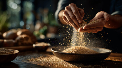 Culinary Precision: A close-up showcases a chef's hands delicately sifting grain into a bowl, evoking a feeling of craftsmanship and expertise. The scene is bathed in natural light.