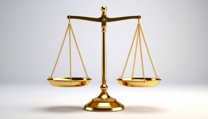 Golden scales of justice stand balanced isolated on white background