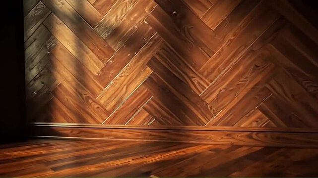Interior shot of polished wooden floor and herringbone patterned wall