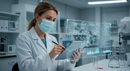 Female scientist working with futuristic digital display in a lab