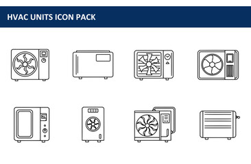 HVAC Units Icon Pack. Various types of HVAC units shown in simple line art style.