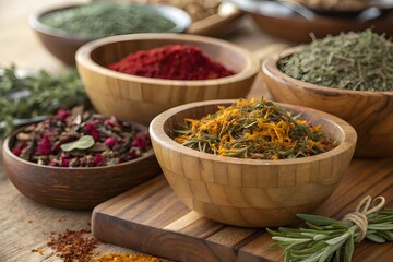 Fototapeta premium Set of Various spices and condiments on dark stone table. Chilly pepper, rosemary, basil, turmeric, paprika, garlic, anise, cinnamon and other. Close up.