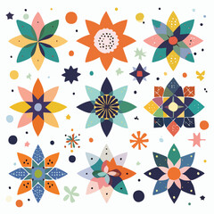 Colorful abstract geometric starburst flower shapes and dots background blue