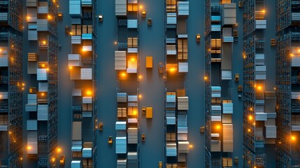 Logistics operation urban container yard aerial view nighttime industrial environment illuminated scene for efficient transport