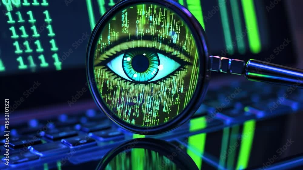 Poster magnifying glass with digital eye and code.