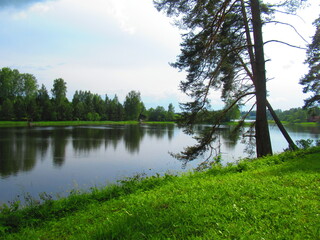 The landscape stretches into the distance with a view of the river. The water surface. Nature in...