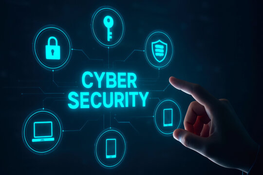 Digital cyber security network with icons and a finger interacting with the interface