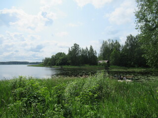 The landscape stretches into the distance with a view of the river. The water surface. Nature in...