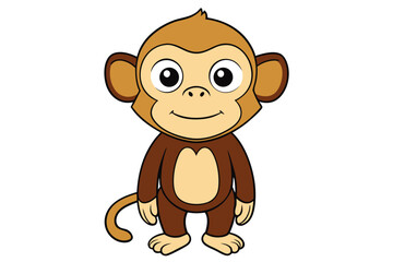 Cute cartoon monkey with brown fur standing and smiling sweetly on a white background