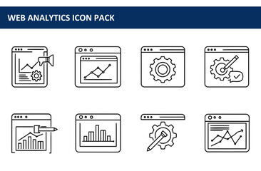 Web analytics icon set depicting various digital marketing tools and data visualization. Flat design elements showing business information and website statistics.