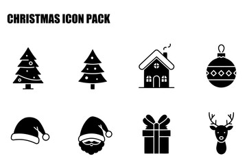Fototapeta premium Christmas icon pack featuring stylized representations of holiday elements. Simple, black and white graphic icons of a Christmas tree, house, ornament, Santa hat, Santa Claus, gift box, and reindeer.