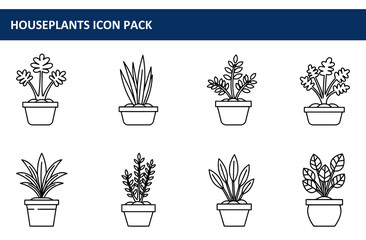 Houseplant icons in various styles displayed in simple line art format. Collection of houseplant icons in pots with different leaf structures.