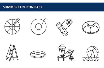 Summer fun icon pack depicting various leisure activities in a resort.