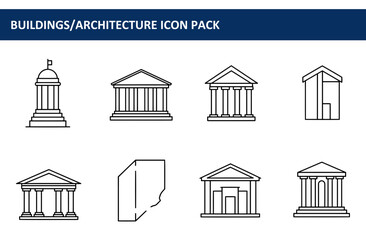 Line art collection of various architectural buildings with different styles. Simple and clean illustrations of governmental, historical, and commercial buildings.