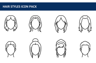Hair styles for women and men in various styles displayed as simple line art icons. Different hairstyles with no background.