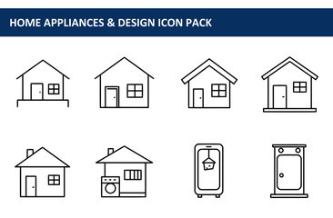 Home appliance and design icons featuring various types of houses with utility details. Simple line drawings of residential buildings with included appliances, displayed against a plain background.
