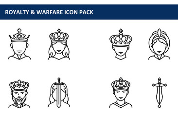 Royal figures with crowns and swords in profile view. Line art illustrations of male and female royalty in various poses, with a sword icon.