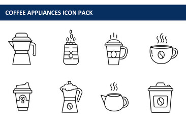 Coffee appliances, various types in a flat line style.