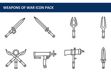 Weapons of War Icon Pack. Line Art Illustrations of Various Weapons in a Fantasy Setting.