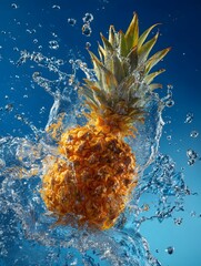 Pineapple Splashing in Water Against a Blue Background