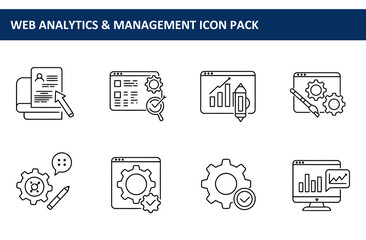 Web analytics and management icons for various digital marketing tasks. Simple line illustrations for website management and analysis.
