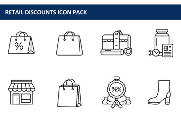 Retail discount icons in a simple, modern style. Flat graphic representations of retail items, services, and concepts in a variety of commercial settings.