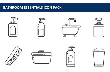 Bathroom essentials line art icons depicting various products in a simple, clean design.