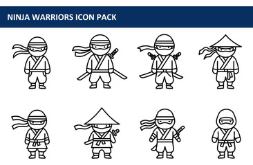 Ninja warrior icon set in various poses with swords. Collection of outlined cartoon ninjas with different headwear, for use in children's media or gaming.