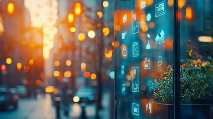 Urban digital interaction city street infographic display evening glow close-up view modern technology concept