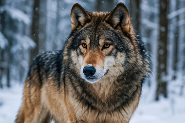 Naklejka premium Wild Wolf Portrait in a Snowy Forest