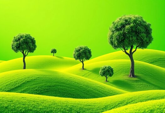 Whimsical green cube & sphere trees on rolling hills against vibrant green backdrop,  pattern,  idyllic
