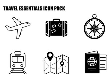 Travel essentials icons for a travel agency in a simple, clean design. Basic travel icons for a website or app. Generic travel icons for a travel agency in a modern, simple style.