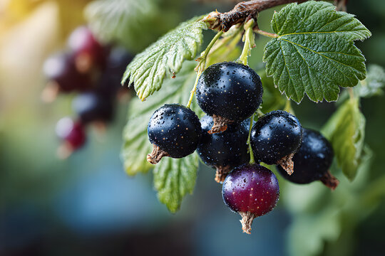 Fresh organic grown Blackcurrant or cassis fruits on a plant in a garden in a sunny summer day, beautiful monochrome background of healthy food