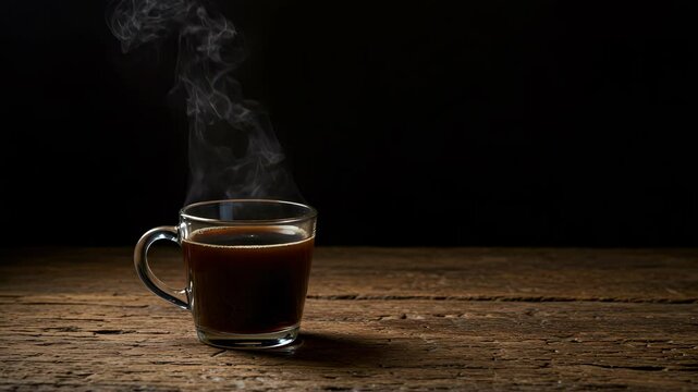 Warm Coffee in Clear Glass on Rustic Wooden Table with Steam
