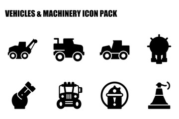 Vehicle and machinery icons in a flat style. Simple silhouettes of diverse machinery, showcasing various types of vehicles and equipment, in a professional setting.