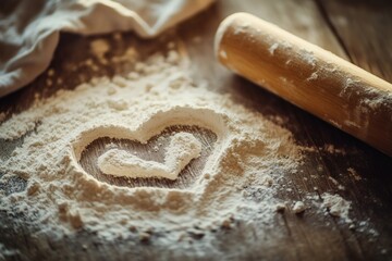 Heart in Flour: A rolling pin sits near a heart shape outlined in flour on a rustic wooden surface, suggesting baking with love.
